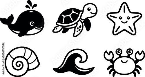 Cute black and white icons of whale turtle starfish shell wave and crab