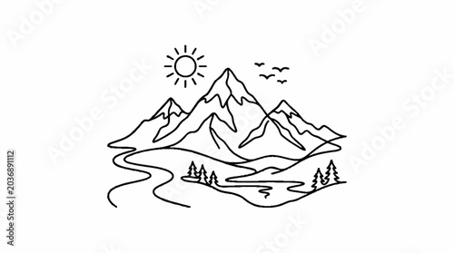 Minimalist Mountain Landscape Line Art: Sun, River, Trees, Birds