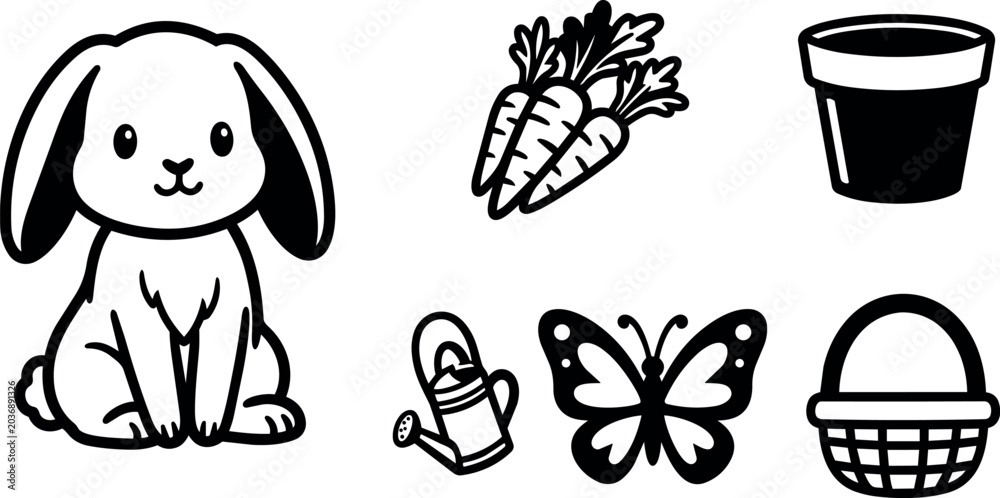 Fototapeta premium Bunny carrots pot watering can butterfly and basket icons