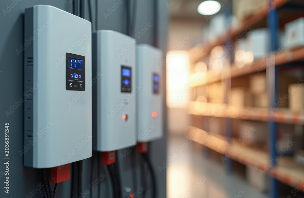 Naklejka premium Modern power inverters mounted on a gray wall. Devices manage electricity supply in a warehouse setting. Technology for efficient energy distribution.