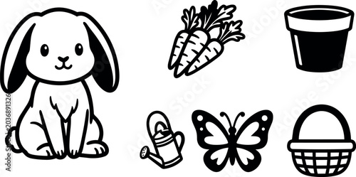 Bunny carrots pot watering can butterfly and basket icons
