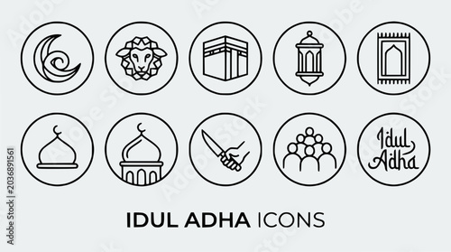 Fotografía Idul Adha Icons Set: Mosque, Kaaba, Sheep, Crescent, Lantern, Prayer Mat, Knife