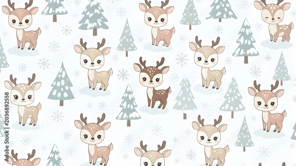 Fototapeta premium Charming Kawaii Deer in a Winter Wonderland Forest with Snowflakes and Stars - Seamless Repeating Pattern Design