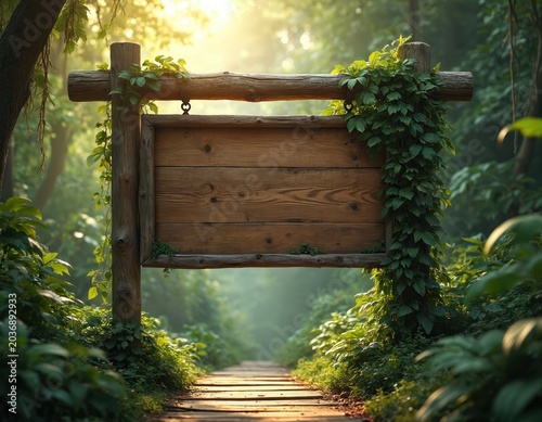 Wooden signboard hangs in lush green forest over path. Textured planks invite messages. Vines climb rustic frame. Sun shines through trees, casting warm light.