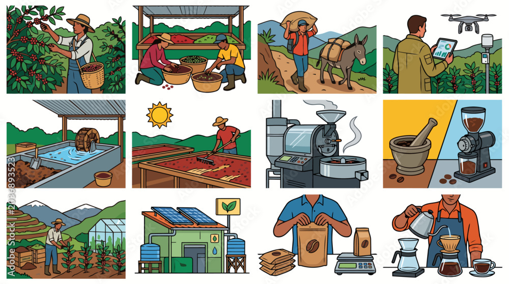 Obraz premium Modern Coffee Farming and Production Vector Set – Farmers Harvesting and Processing Coffee Beans Flat Illustration with Bold Outline