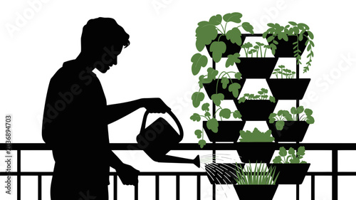 Silhouette of a man watering plants on a vertical garden wall