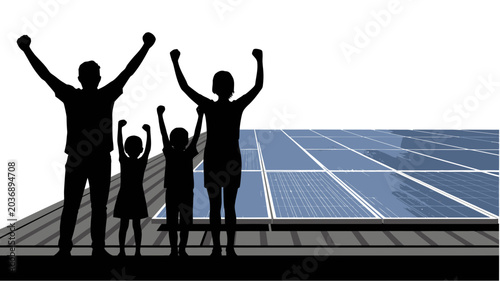 A family of four standing on a rooftop with solar panels celebrating