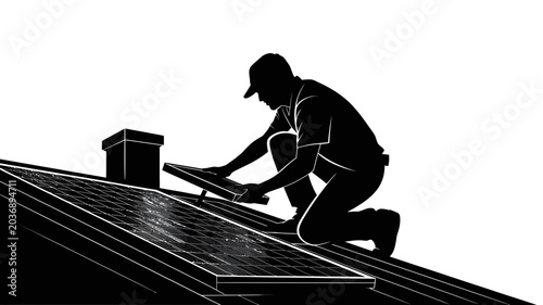 Black silhouette of a man installing solar panels on a roof