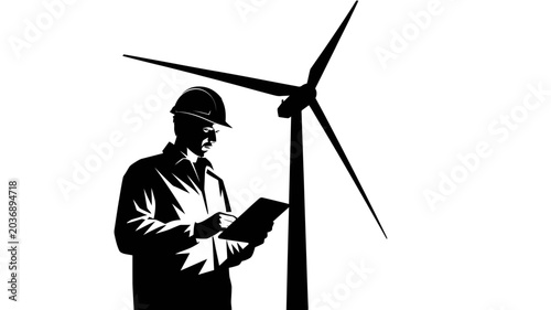 Silhouette of a worker in hard hat inspecting wind turbine with clipboard
