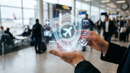 Businessman holding digital icons representing travel security and safety in airport