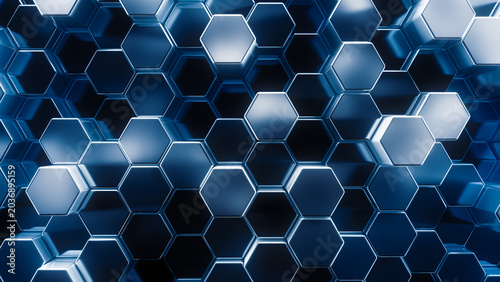 Shiny blue honeycomb background of patterned hexagons. Array of blue 3d rendered hex shapes creating a visual of a sleek, polished pattern for futuristic, scientific, or technical backgrounds.