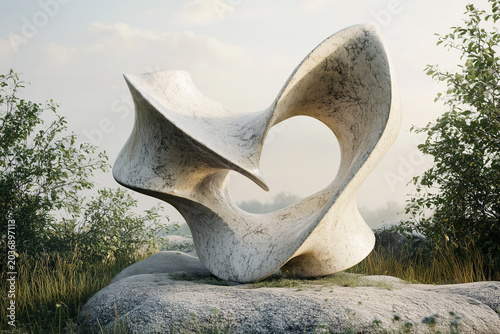 Abstract stone sculptures in forest. Organic Curves and Contrasting Colors. Modern art installation in nature.