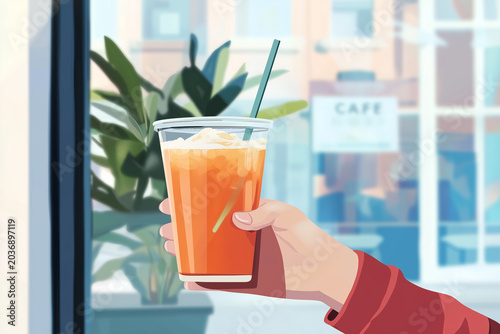 Hand holding cold iced coffee in cafe. Refreshing beverage. Modern urban leisure lifestyle 