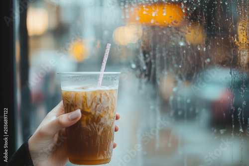 Hand holding cold iced coffee in cafe during raining. Refreshing beverage. Modern urban leisure lifestyle 