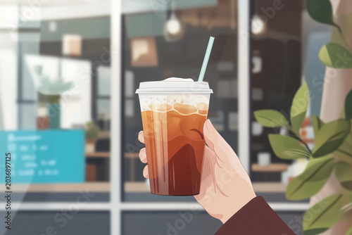 Hand holding cold iced coffee in cafe. Refreshing beverage. Modern urban leisure lifestyle 