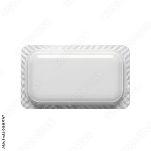 Canvastavla Single white medical pill in silver blister pack on gray background