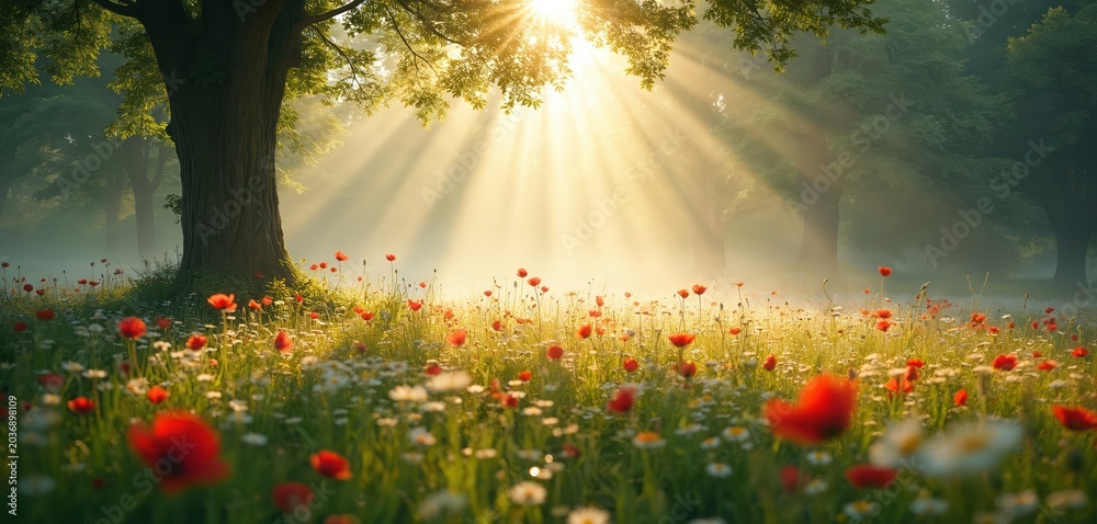 Naklejka premium Sunbeams pierce foggy forest illuminating red poppies and white daisies in sunlit meadow. Rich green grass and large trees create tranquil natural scene. Peaceful dawn light filters through leaves.