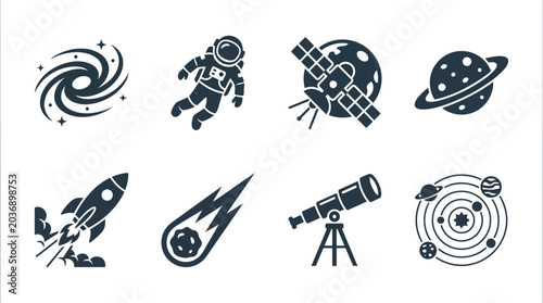 Collection of space icons including planets, astronaut, and telescope