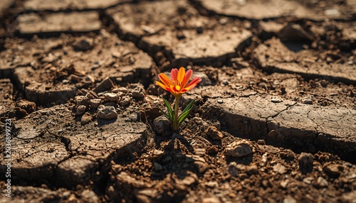 single vibrant flower growing in dry cracked desert soil, resilience and survival concept, minimal environmental background