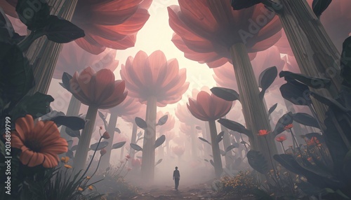 surreal giant flowers landscape with tiny human walking, fantasy botanical world, imaginative nature background for creative projects