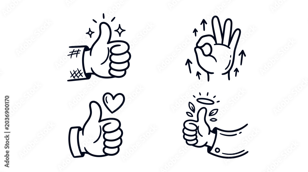 Fototapeta premium Hand gestures with thumbs up and palm facing upwards in a doodle style