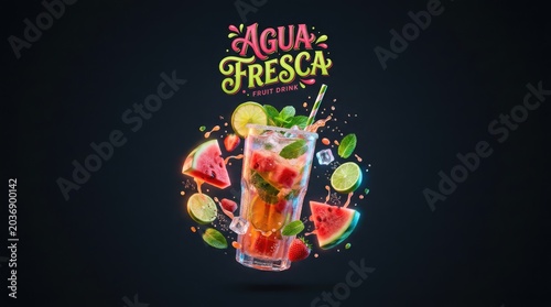 Refreshing Agua Fresca Cocktail with Fruits and Mint on Black Background.