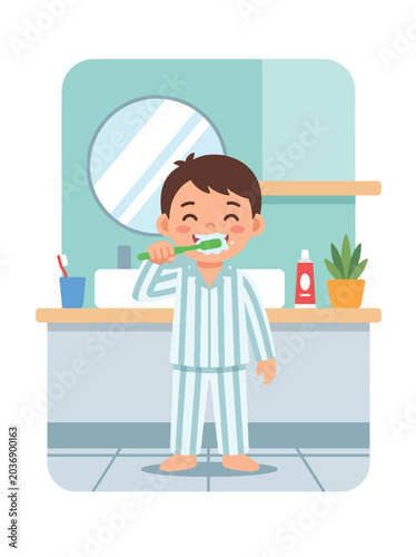 Simple flat vector illustration of happy child brushing teeth in bathroom showing healthy hygiene habits and positive daily routine education