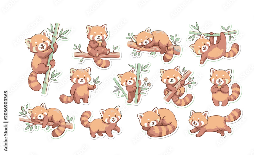 Obraz premium Cute Hand Drawn Red Panda Sticker Set, Adorable Fluffy Red Panda Climbing Bamboo and Eating Apple, Playful Red Panda Doodles Sleeping on Tree Branch