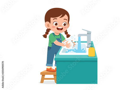Simple flat vector illustration of child washing hands with soap and bubbles showing hygiene education and healthy daily habits for kids