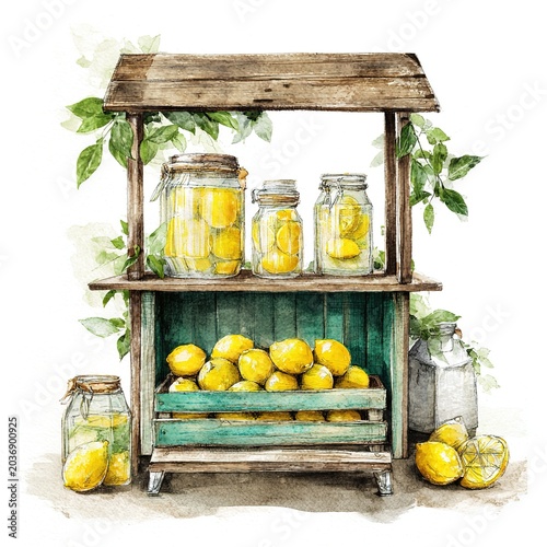 Watercolor illustration of rustic wooden lemon stand with jars