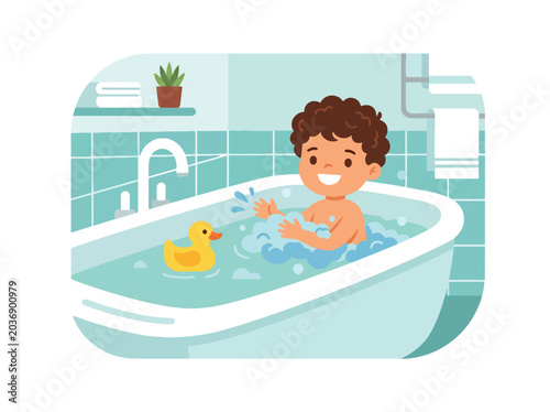 Simple flat vector illustration of child taking bath showing healthy hygiene habits and daily routine education