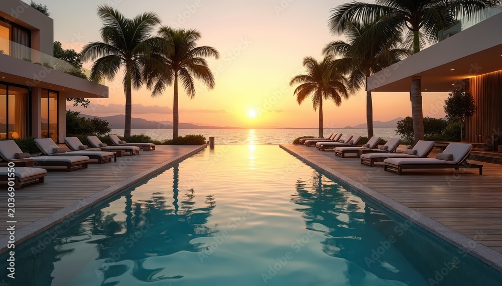 Fototapeta premium Luxury villa with infinity pool at sunset overlooks ocean. Palm trees line deck with empty lounge chairs. Serene water reflects warm golden sky, mountain silhouettes.
