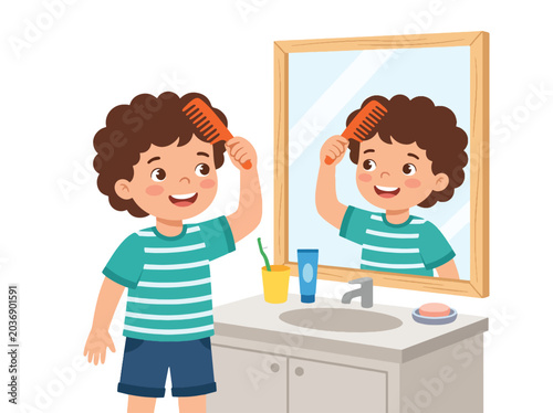 Vászonkép Simple flat vector illustration of child combing hair in front of mirror showing