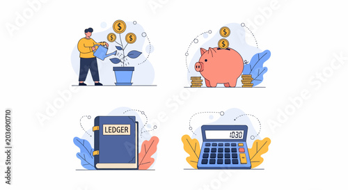 Save coin set man water tree pig bank book calc fund plan fit aid icon
