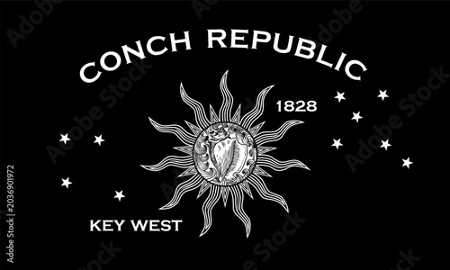 Key West Florida micronation flag in monochrome silhouette style. Conch Republic flag black and white vector illustration