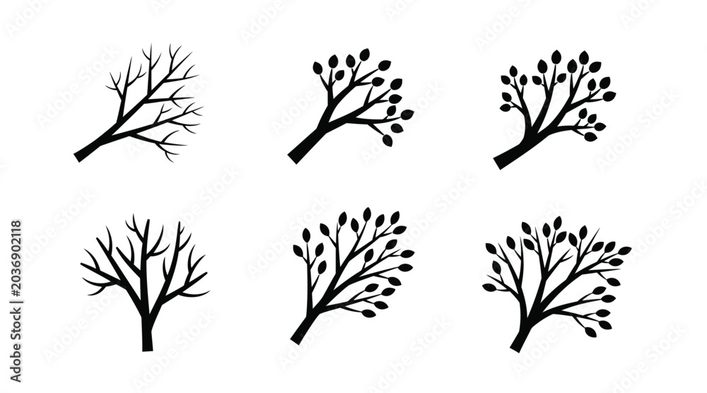 Fototapeta premium Set of bare and leafy tree branch silhouettes representing different seasons and growth with silhouette