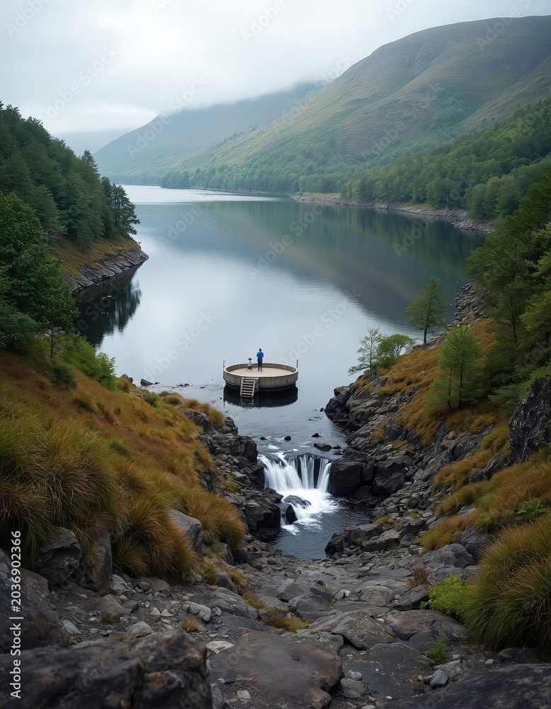 Obraz premium Man stands on circular platform in calm lake water. Small waterfall cascades near rocky shore with green trees. Hilly landscape under cloudy sky.