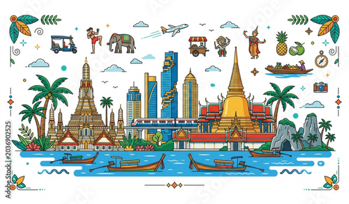Thailand Travel Landmark Background with Famous Thai Buildings and Tourism Vector Design