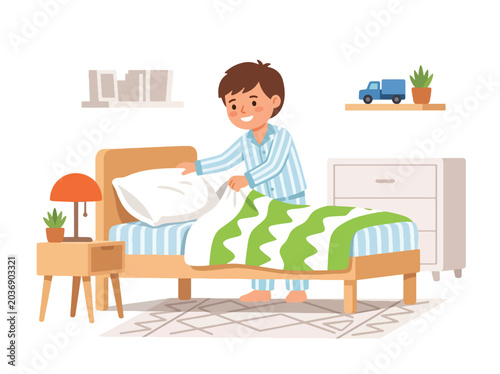 Simple flat vector illustration of child making bed after waking up showing responsibility, independence and positive daily habits education