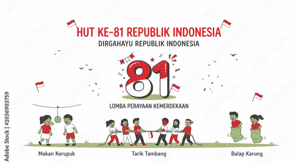 Fototapeta premium Illustration of Indonesian Independence Day 81st anniversary celebration with traditional games like cracker eating, tug-of-war, and sack race featuring cartoon children.