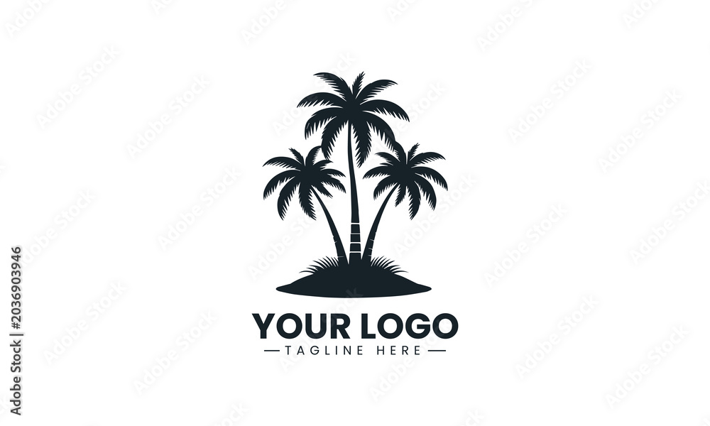 Obraz premium Three tropical palm trees are rooted in a small grassy island botanical