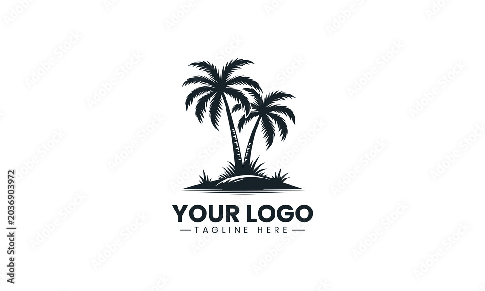 Obraz premium Three tropical palm trees are rooted in a small grassy island botanical