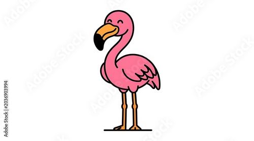 Cartoon pink flamingo standing on one leg.