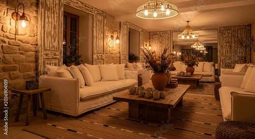 Elegant Living Room with Stone Wall and Modern Decor.