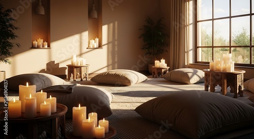 Luxurious spa interior with candles and lounge beds.