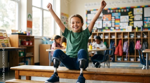 Empowered young student with prosthetic limbs raises arms in cheerful celebration within a vibrant classroom environment, showcasing resilience and joy