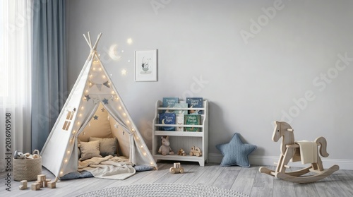 A child's playroom with a tent, toys, and furniture at daytime