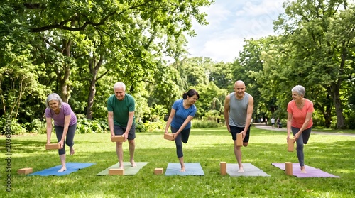 Active senior community enjoying a peaceful outdoor yoga session in a vibrant park, promoting physical balance and mental well-being
