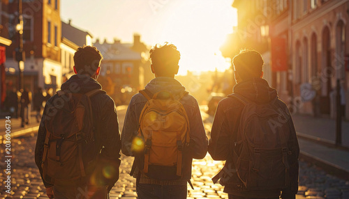 Urban Adventure: Three young friends with backpacks embark on an urban adventure, walking down a cobblestone street bathed in the warm, golden light of a setting sun. Their backs are to the camera.