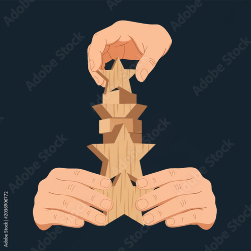 Flat vector illustration of human hands carefully stacking and balancing wooden star shaped blocks and rectangular pieces against a dark blue background to build a vertical tower.